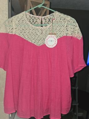 Umgee Pink Blouse with Cream Crochet Yoke
